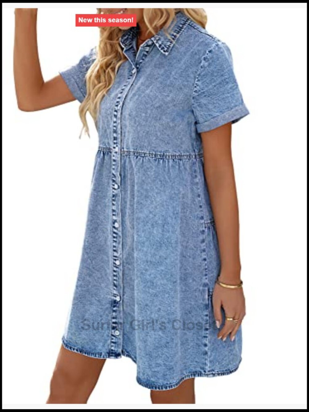 Denim Babydoll Dress Women Short Sleeve Flowy Tiered Jean Dress Casual - Picture 4 of 7